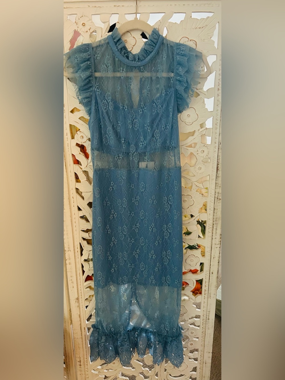 Endless Rose Saige Sheer Lace Ruffled Midi Dress, Ocean Blue, Size Small